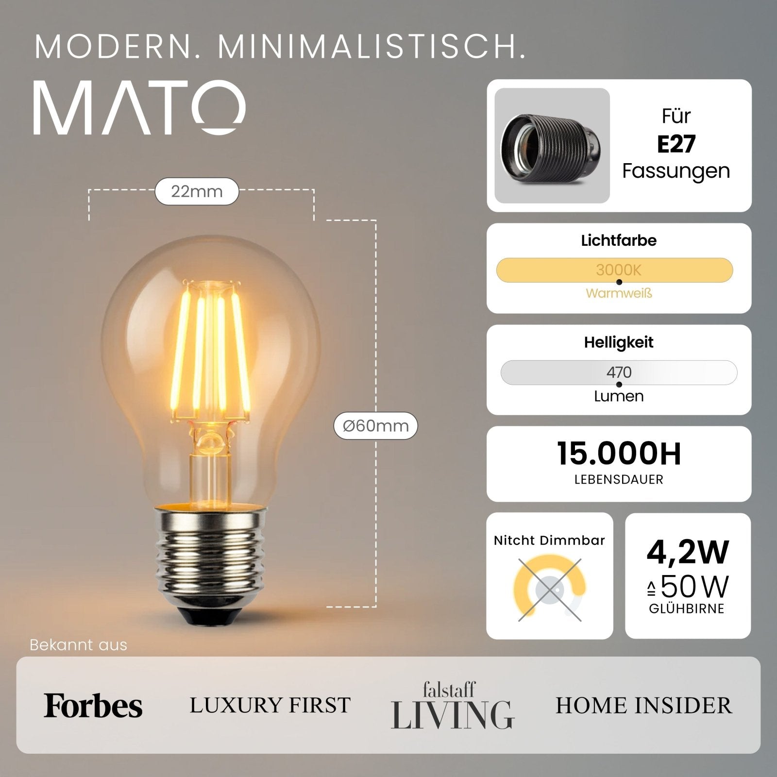 E27 LED Filament Glühbirne 4,2W - MATO